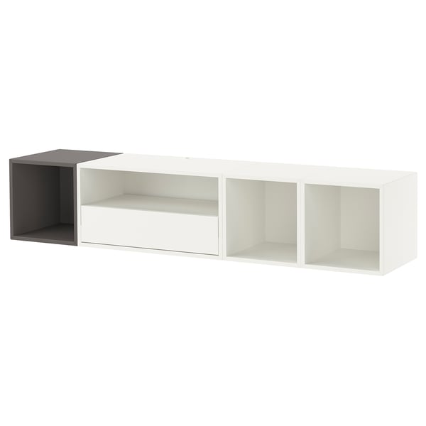 Unité murale EKET blanche : trois étagères, une porte rabattable, design minimaliste.