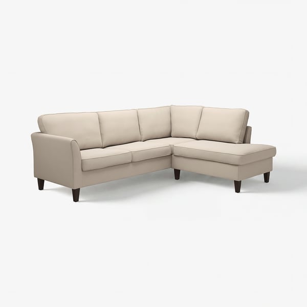 Un canapé sectionnel EKHOLMA beige avec pieds en bois foncé, au design moderne et épuré.