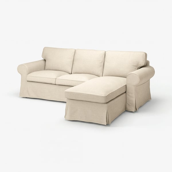Canapé sectionnel beige EKTORP, accoudoirs roulés, coussins épais, 3 places avec chaise.