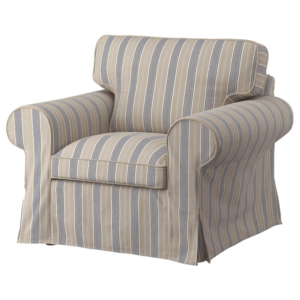 Fauteuil gris rayé, EKTORP, coton et polyester, accoudoirs roulés, design classique.
