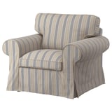Fauteuil gris rayé, EKTORP, coton et polyester, accoudoirs roulés, design classique.