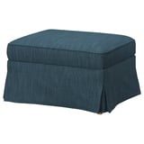 Un repose-pieds EKTORP bleu, rectangulaire, au design doux et plissé. Fabriqué à partir d’un mélange de coton, de polyester, de viscose et de lin.