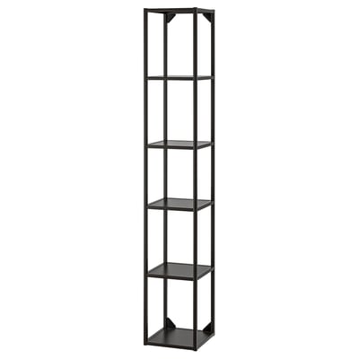Une étagère ENHET noire. Il dispose de cinq étagères carrées à l’intérieur d’un cadre en métal noir. Le design est moderne et minimaliste.