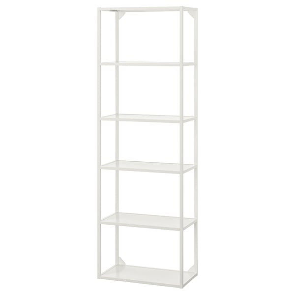 Étagère de rangement ENHET blanche avec cinq étagères en verre transparent.