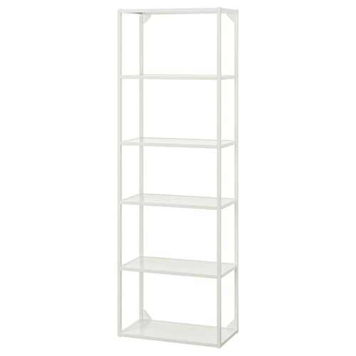 Étagère de rangement ENHET blanche avec cinq étagères en verre transparent.