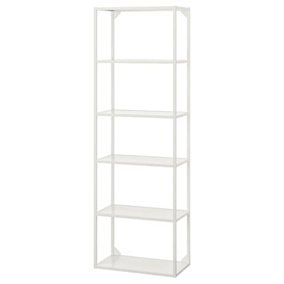 Étagère de rangement ENHET blanche avec cinq étagères en verre transparent.