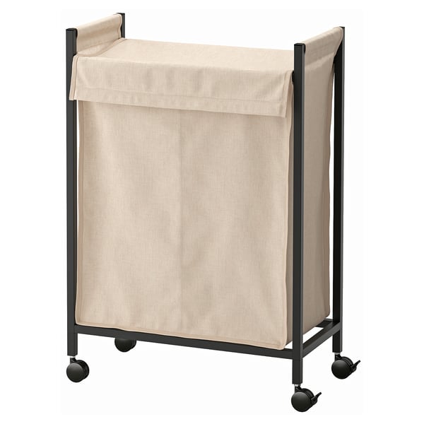 Panier à linge ENHET, beige, tissu sur roulettes, design rectangulaire, pratique et mobile.