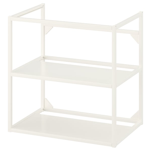 Un meuble de rangement en métal blanc ENHET avec deux étagères ouvertes.