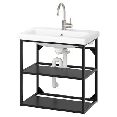 Support d’évier moderne en métal noir avec lavabo en céramique blanche, robinet élégant.