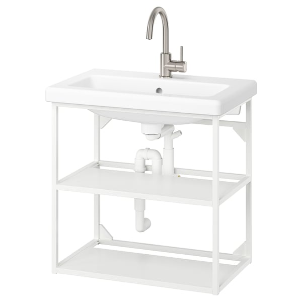 Configuration de lavabo de salle de bain ENHET blanc avec cadre en métal et plomberie visible.