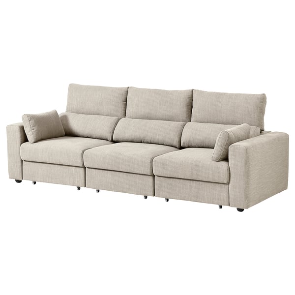 Canapé ESKILSTUNA, beige, en tissu, 3 places, dossier haut, appuie-tête réglables, repose-pieds.