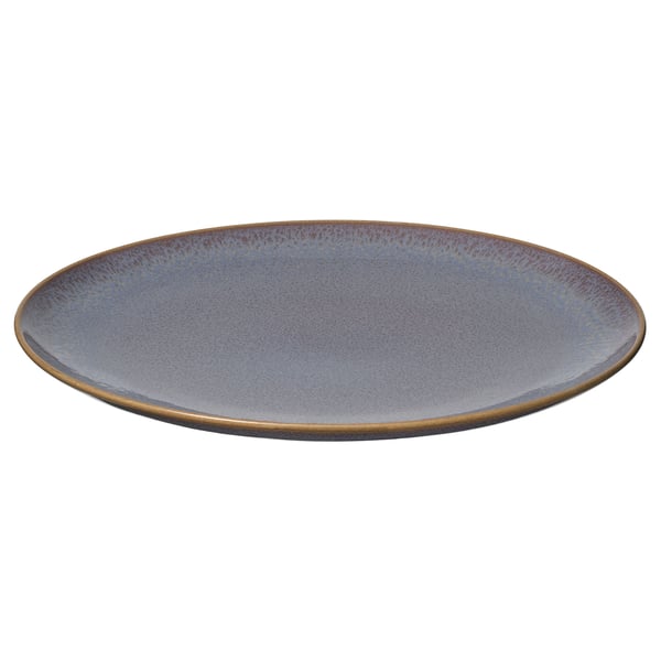 Assiette en grès bleu FÄRGKLAR, design simple, forme arrondie, glaçure texturée.