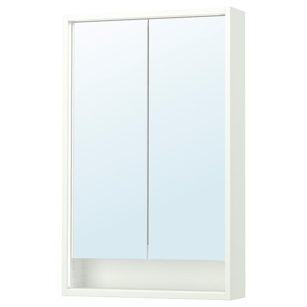 Armoire de toilette blanche FAXÄLVEN avec éclairage intégré, design élégant, film de sécurité et étagère ouverte pour le rangement de la salle de bain.