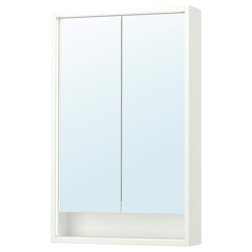 Armoire de toilette blanche FAXÄLVEN avec éclairage intégré, design élégant, film de sécurité et étagère ouverte pour le rangement de la salle de bain.