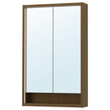 Armoire de toilette FAXÄLVEN en bois brun clair avec lumières, étagère et film de sécurité.