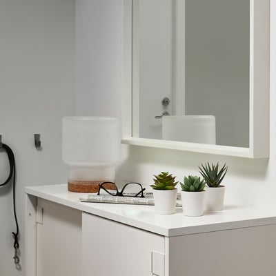 Comptoir de salle de bain moderne avec armoire blanche, miroir, plantes artificielles FEJKA et lampe. Crochet à linge et livre également.