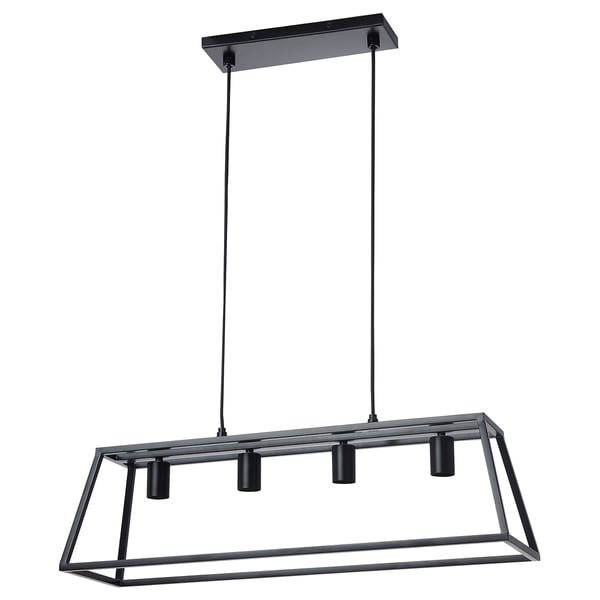 Une suspension FELSISK moderne en métal noir avec quatre lumières suspendues à un cordon.