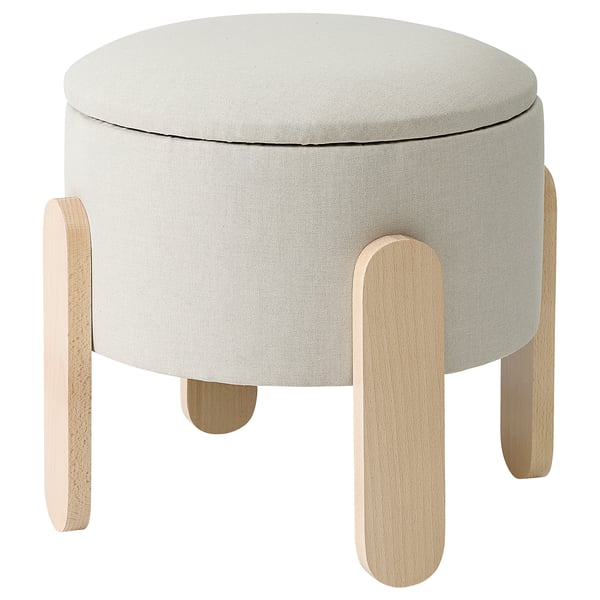 Tabouret rond FÖRLUNDA en tissu gris clair avec pieds en bois.