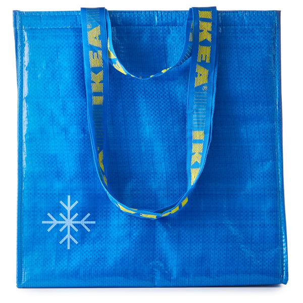 Sac à provisions réutilisable bleu avec poignées jaunes et logo flocon de neige blanc. Fabriqué à partir de polypropylène et de polyester recyclés.
