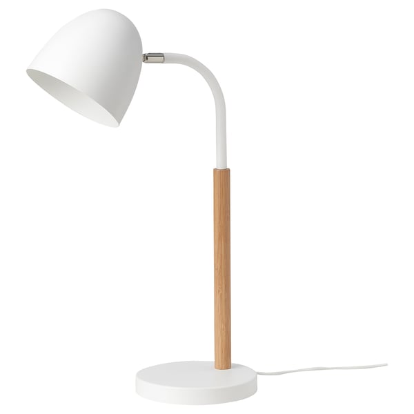 Lampe de bureau FRANSALG blanche avec col en bambou réglable et base ronde.