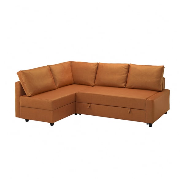 Couchette sectionnelle FRIHETEN, orange brûlé, avec lit gigogne et rangements, en forme de L.