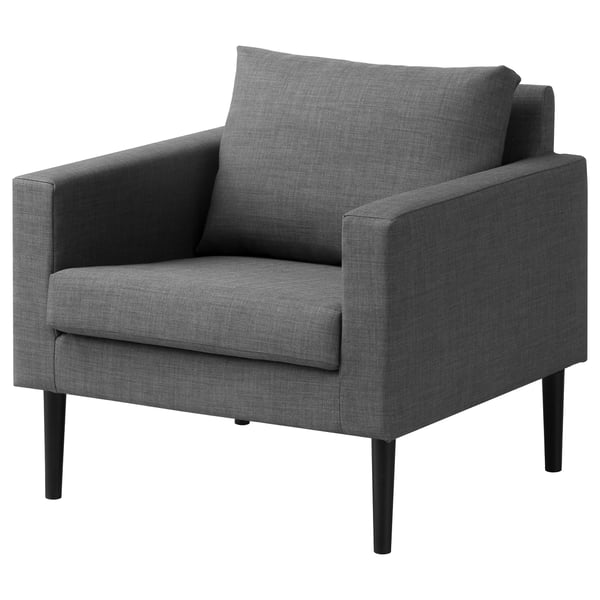 Fauteuil gris moderne, FRIHETEN, design épuré, pieds sombres, coussins douillets.