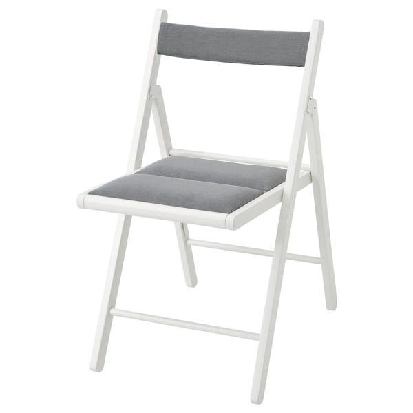 Chaise pliante blanche avec assise et dossier en tissu gris, design moderne.
