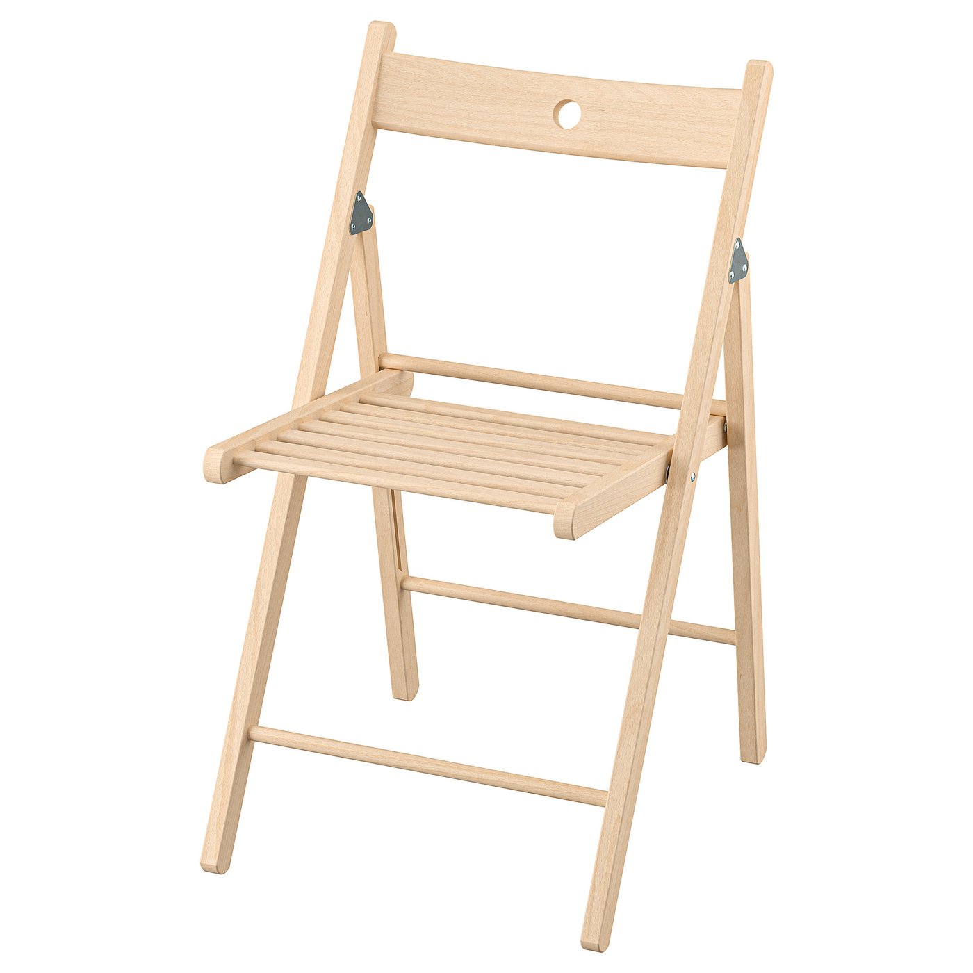 Chaise pliante en hêtre naturel avec dossier circulaire, assise à lattes.