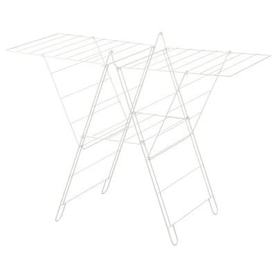 Un séchoir FROST. Il est blanc, en acier, avec un cadre extensible pour suspendre les vêtements.