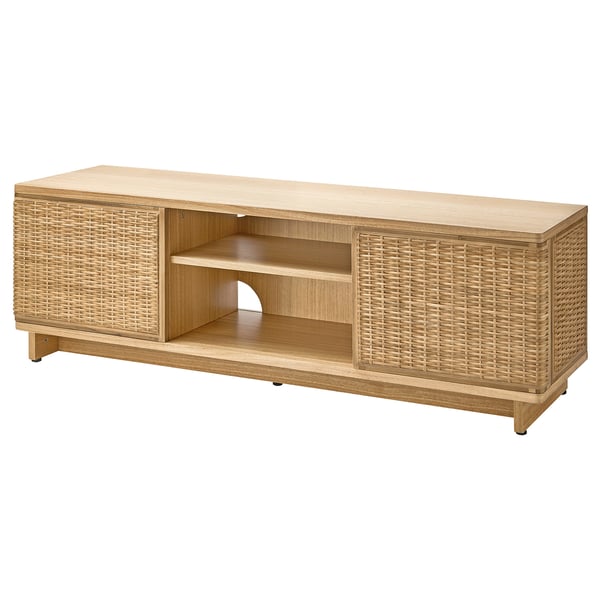 Banc tv Fryksas, mélange de bois naturel et de rotin, forme rectangulaire, rangement ouvert et fermé.
