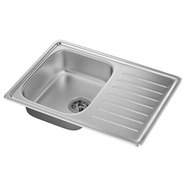 Évier de cuisine en acier inoxydable avec égouttoir, forme rectangulaire, design moderne.