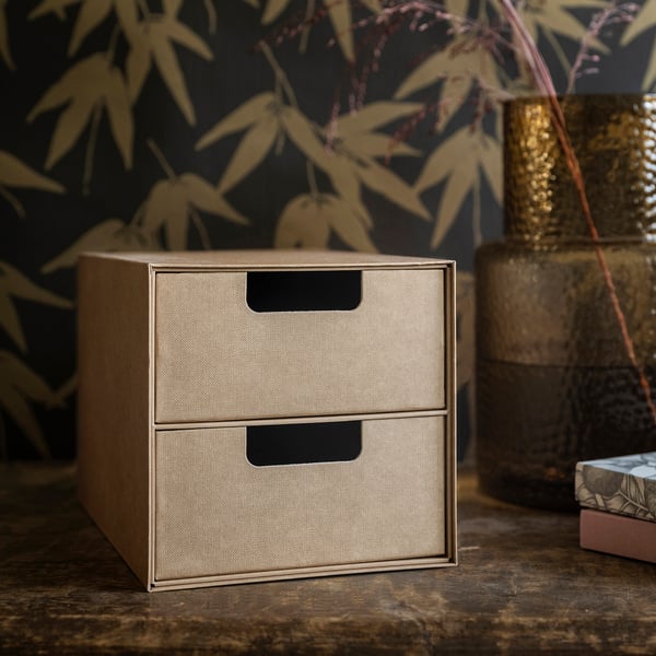 Organisateur à deux tiroirs sur table avec poignées, idéal pour les petits objets.