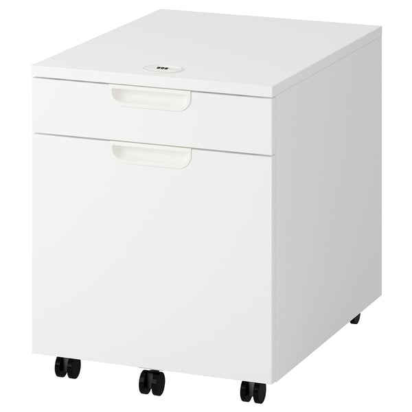 Un classeur mobile ikea GALANT blanc avec deux tiroirs et une serrure à combinaison. Il a un design élégant et moderne et repose sur quatre roulettes noires.