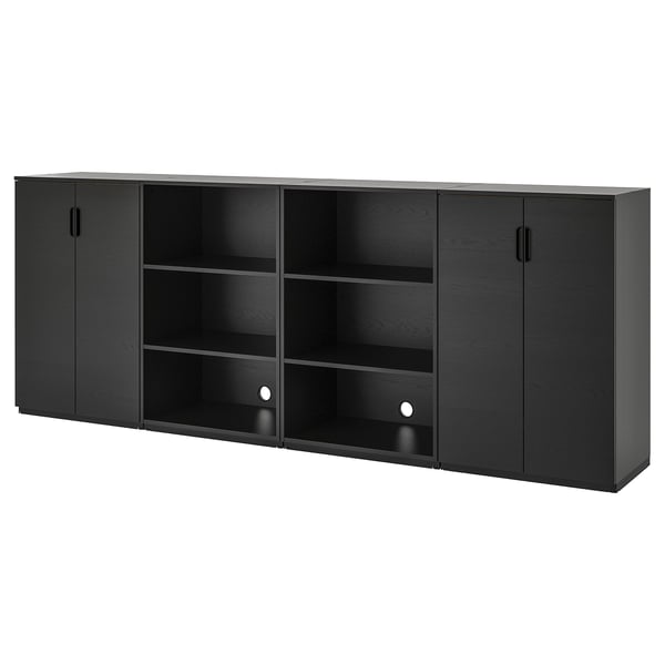 Rangement de bureau GALANT noir moderne avec compartiments ouverts et fermés, étagères réglables.