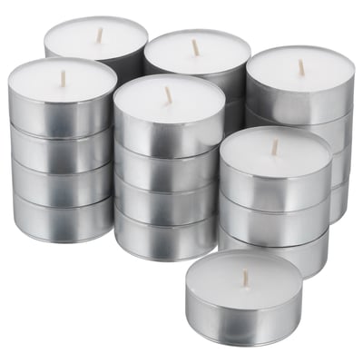 Pile de 12 bougies chauffe-plat en argent ; Mèches rondes, métalliques, blanches, en coton.