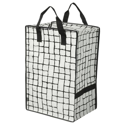 Sac GÖRSNYGG blanc avec des accents noirs, écologique, rectangulaire, poignée et bretelles.