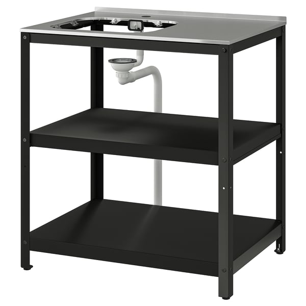 Support d’évier extérieur en métal noir avec étagères de rangement.