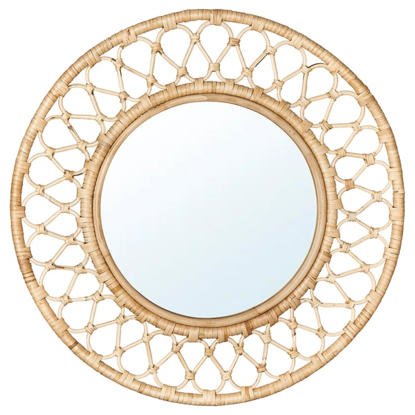 Miroir rond GRINSBOL : cadre en rotin naturel tissé autour du verre transparent.