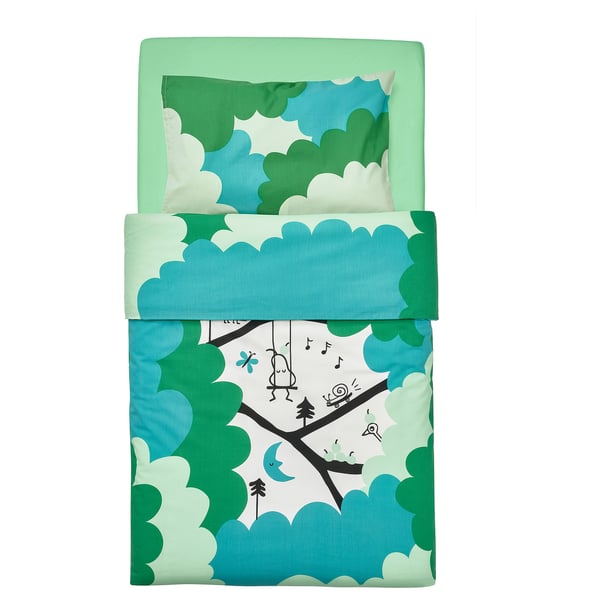 Parure de lit GRÖNFINK : motif de feuilles vertes et bleues, coton et viscose, drap-housse et taie d’oreiller pour lit bébé.