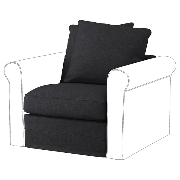 Un fauteuil GRÖNLID gris foncé au design épuré et incurvé et aux accoudoirs roulés. Le rembourrage est fabriqué à partir d’un mélange de coton, de polyester, de viscose et de lin.