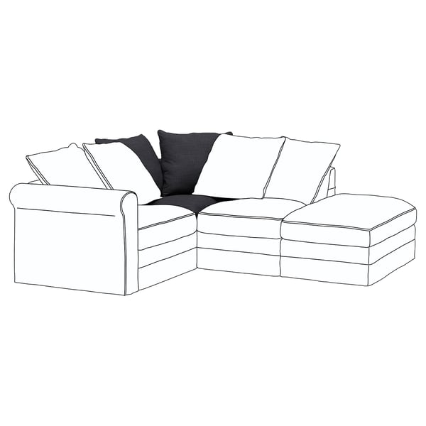 Un canapé sectionnel GRÖNLID moderne en forme de L en blanc avec des coussins gris foncé, doté d’un design épuré et confortable.