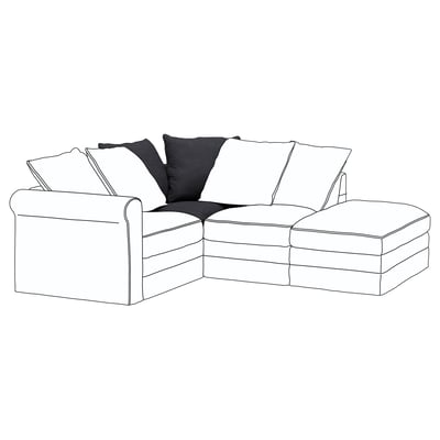 Un canapé sectionnel GRÖNLID moderne en forme de L en blanc avec des coussins gris foncé, doté d’un design épuré et confortable.