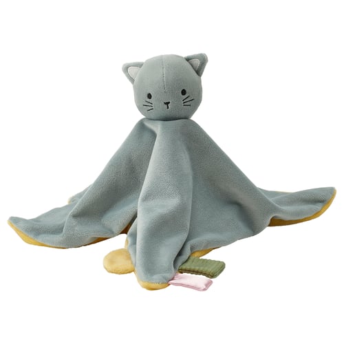 GULDVÄVARE : couverture et jouet de confort gris en forme de chat. Matériaux recyclés. Câlin, doux pour la peau de bébé. Parfait pour jouer et se reposer.