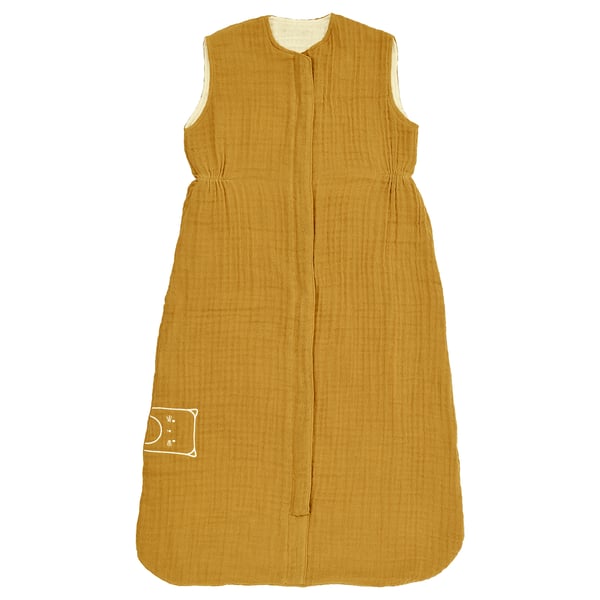 Sac de couchage sans manches jaune doré avec fermeture éclair, en coton biologique.