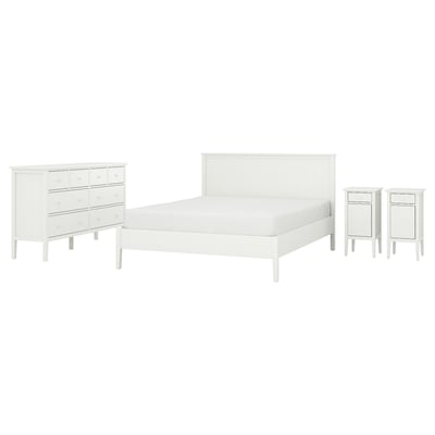 Ensemble de chambre blanc : lit, 2 tables de nuit, commode. Design minimaliste moderne. Lignes nettes, surfaces lisses.