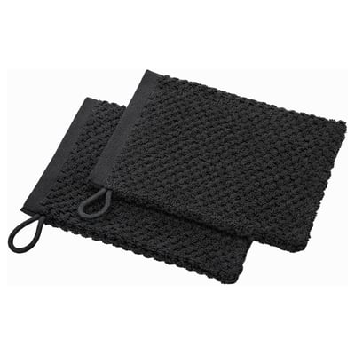 Moufles de lavage en coton GULVIAL noires, texture douce, design en boucle pour suspendre.