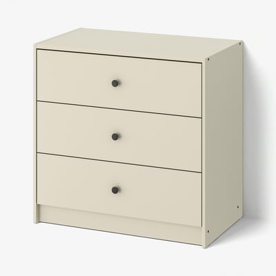 Nouveau coffre GURSKEN à 3 tiroirs : beige clair, design minimaliste, forme rectangulaire, moderne, en particules. Ancrages inclus.