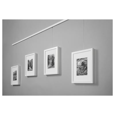 Quatre photos de nature en noir et blanc sont accrochées sur un mur gris en une ligne nette. Ils sont suspendus par des cordons à un rail supérieur, faciles à régler et à afficher.