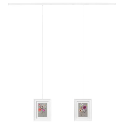 Le rail de suspension mural pour tableau peut contenir 1 ou 2 cadres, longueur réglable, comprend des crochets et des fixations murales.