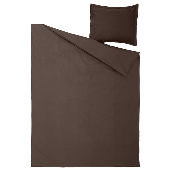Couette et oreiller HAMPFLOCKEL en brun foncé, design uni, en coton.